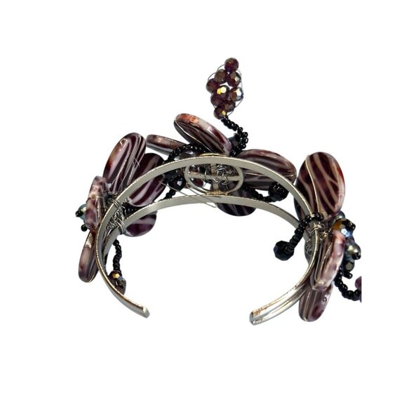 Purple Zebra Print Glass Flower Cuff Bracelet Beaded Accents Statement Jewelry 7 - Picture 4 of 5